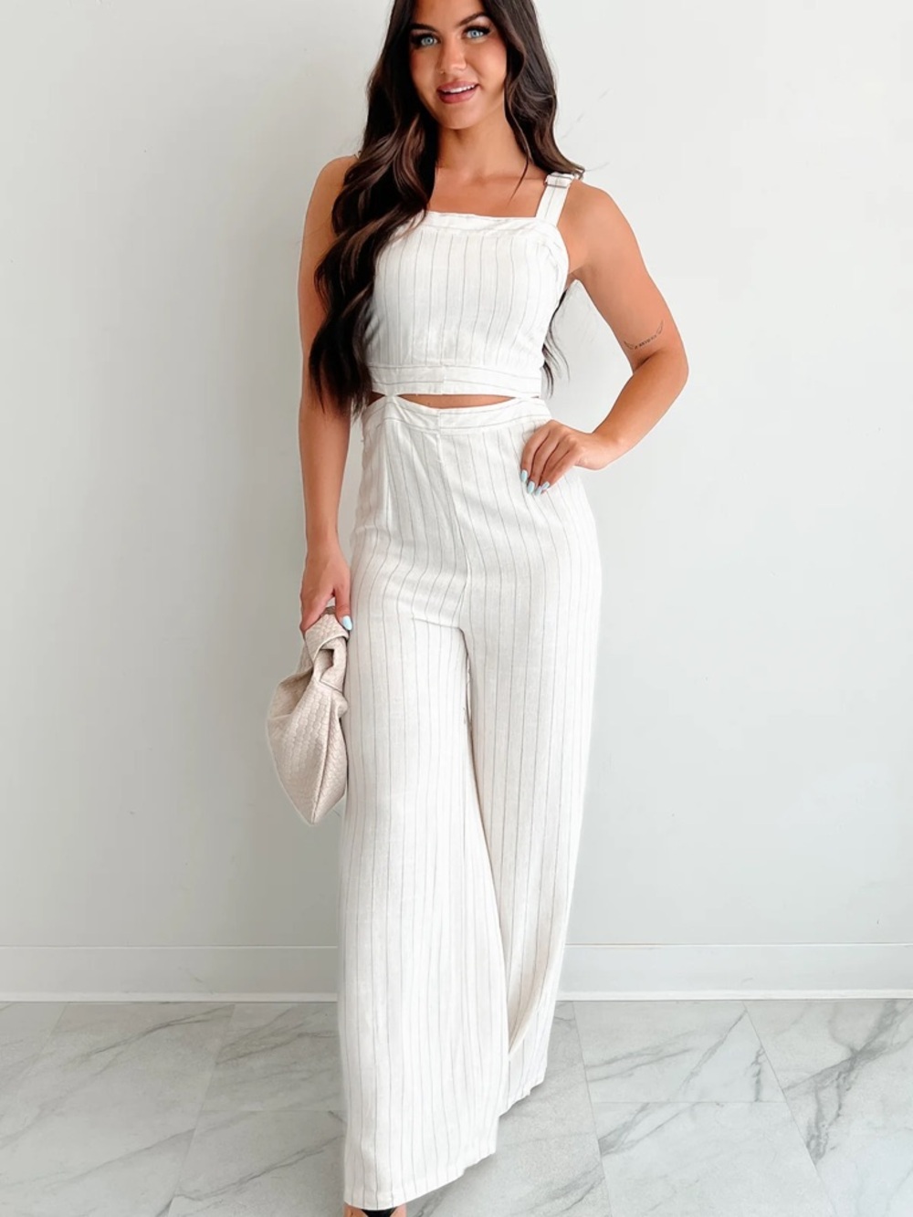 Cream Pinstripe Wide-Leg Linen blend Jumpsuit with Cutout